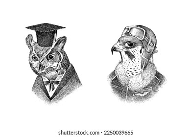 Scientist owl character in a hat. Peregrine falcon pilot with glasses. Hand drawn fashionable bird. Engraved old monochrome sketch.