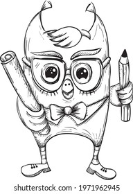 Scientist owl with a pencil and a scroll of paper. Vector illustration.
