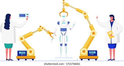 Scientist people in innovation laboratory vector illustration. Cartoon flat doctor characters working on process of robot creating. Artificial intelligence technology research isolated on white