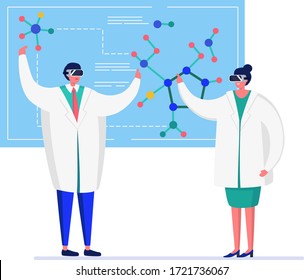 Scientist people in innovation laboratory vector illustration. Cartoon flat man woman doctor characters in virtual reality headsets glasses working on research in chemistry concept isolated on white
