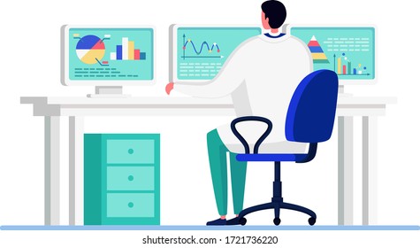 Scientist people in innovation laboratory vector illustration. Cartoon flat doctor character working, studying, making statistics analysis. Concept of big data research, tech study isolated on white