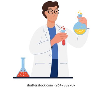 Scientist performing chemical experiments in laboratory with test tubes and flasks vector illustration	
