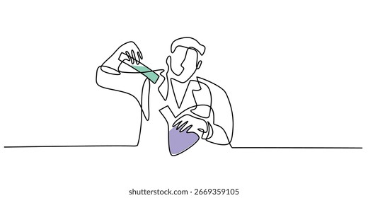 Un científico realiza una prueba química en un entorno de laboratorio, un dibujo minimalista de una sola línea, que representa la investigación y el descubrimiento. Ilustración vectorial con contorno de trazo editable