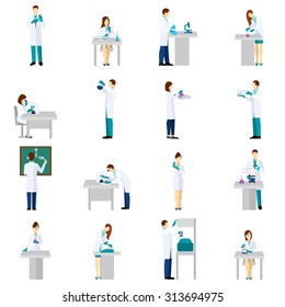 Scientist person flat icons set with men and women in laboratory isolated vector illustration