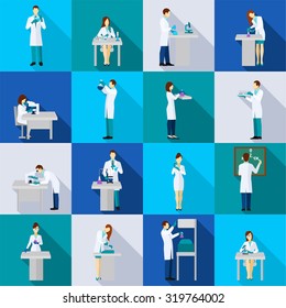 Scientist Person Flat Icons Set With People In Chemistry Lab Isolated Vector Illustration