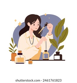 Scientist or pharmacist invents formula of cosmetics. Vector illustration isolated on white. Young smiling woman in lab creating perfume. Perfumer concept.