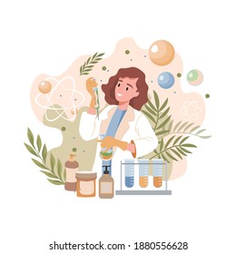 Scientist or pharmacist invents natural organic formula of cosmetics vector flat illustration. Young smiling woman in lab coat holding syringe with natural herbal serum. Organic spa cosmetics concept. - Shutterstock ID 1880556628