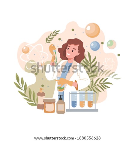 Scientist or pharmacist invents natural organic formula of cosmetics vector flat illustration. Young smiling woman in lab coat holding syringe with natural herbal serum. Organic spa cosmetics concept.