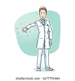 Scientist or pharmacist looking angry showing thumb down gesture, disliking something. Hand drawn cartoon sketch vector illustration, whiteboard marker style coloring. 