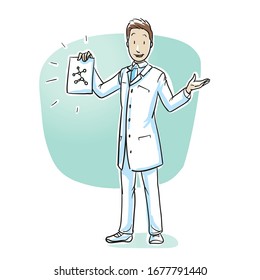 Scientist or pharmacist showing paper with new formula, molecule structure or consistence of something. Hand drawn cartoon sketch vector illustration, whiteboard marker style coloring. 