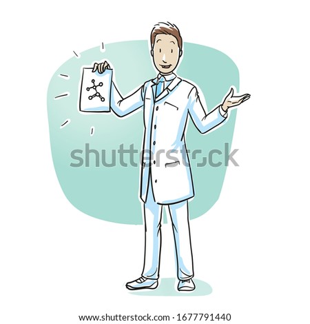 Scientist or pharmacist showing paper with new formula, molecule structure or consistence of something. Hand drawn cartoon sketch vector illustration, whiteboard marker style coloring. 