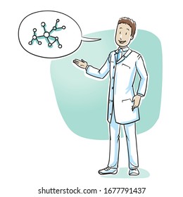 Scientist or pharmacist talking about new formula, molecule structure or consistence of something. Hand drawn cartoon sketch vector illustration, whiteboard marker style coloring. 