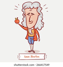 The scientist physicist Isaac Newton with an apple in a red jacket and a wig.