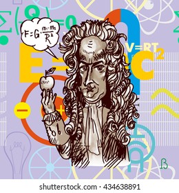 Scientist Physicist Isaac Newton With An Apple. Vector Caricature. Digital Engraving.  Background From Formulas In Style Flat