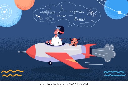 Scientist Physicist Is Testing The Invention Of A Rocket Flying Machine With His Funny Dog. Colour Cartoon Illustration