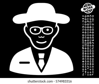 Scientist pictograph with bonus avatar pictograms. Vector illustration style is flat iconic white symbols on black background.