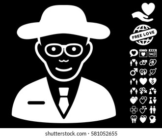 Scientist pictograph with bonus lovely pictograph collection. Vector illustration style is flat iconic white symbols on black background.