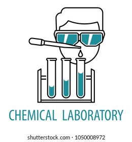 Scientist with pipette and flasks making test line icons isolated on white background. Chemical laboratory logo template in linear style vector illustration.