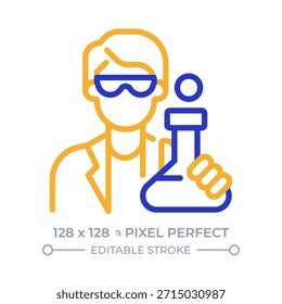 Pixel científico perfecto icono de línea de dos colores. Hombre químico sosteniendo frasco de líquido. Especialista en realizar pruebas de símbolo de contorno bicolor. Pictograma lineal duotono. Ilustración aislada. Trazo editable
