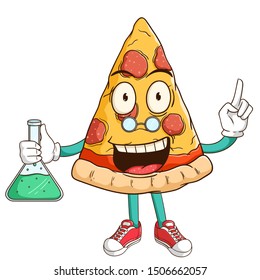 scientist of pizza slice cartoon character make a chemical formula with funny smile face