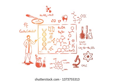 Scientist with pointer, scientific research, laboratory equipment 