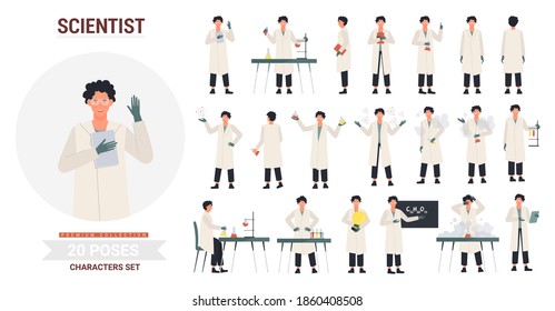 Scientist poses vector illustration set. Cartoon man character wearing lab coat, posing in scientific laboratory with science equipment, different gestures and emotion collection isolated on white