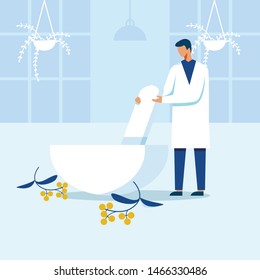 Scientist Preparing Berries For Homeopathic Drugs. Doctor Pounding Ingredients In Mortar. Man In Uniform Working In Scientist Laboratory. New Safety Medication Creation. Vector Flat Illustration