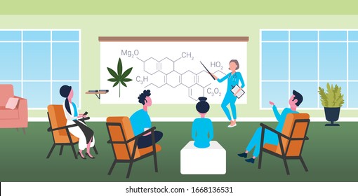 científico que presenta molécula de drogas de cáñamo de CDB de cáñamo de cáñamo para el equipo de doctores en la conferencia reunión de exposición de fórmula de marihuana médica de longitud completa ilustración horizontal de vector