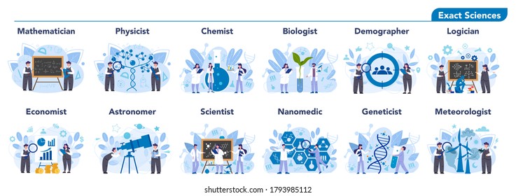 Scientist profession set illustration. Idea of scientific research and innovation. Study biology, chemistry, physics and other subjects at the university. Isolated flat illustration