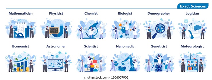 Scientist profession set illustration. Idea of scientific research and innovation. Study biology, chemistry, physics and other subjects at the university. Isolated flat illustration