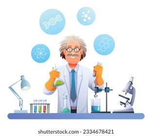 Scientist professor conducting experiments in science laboratory. Scientific research concept. Vector illustration