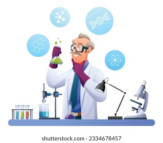 Profesor científico realizando experimentos en laboratorio de ciencia. Concepto de investigación científica. Ilustración de dibujos animados