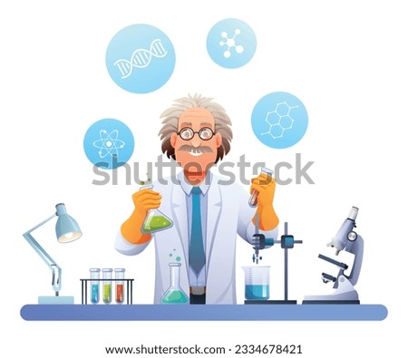Scientist professor conducting experiments in science laboratory. Scientific research concept. Vector illustration