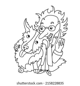 Scientist Professor With A Dog. Coloring Book Page. Vector Illustration