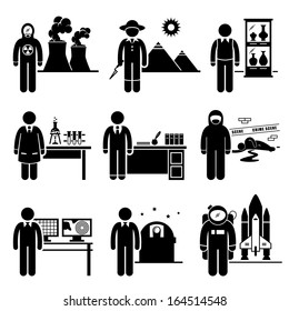 Scientist Professor Jobs Occupations Careers - Nuclear, Archaeologists, Museum Curator, Chemist, Historian, Forensic, Meteorologist, Astronomer, Astronaut - Stick Figure Pictogram