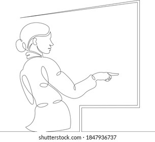 Scientist professor teacher stands writes on the student board. One continuous drawing line, logo single hand drawn art doodle isolated minimal illustration.