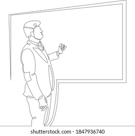 El profesor profesor de ciencias aparece en la pizarra de estudiantes. Una línea de dibujo continua, logo de un solo dibujo a mano doodle aisló una mínima ilustración.