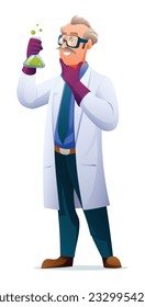 Profesor científico con una bata de laboratorio sosteniendo un tubo de prueba. Caricatura vectorial