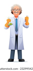 Scientist professor wearing lab coat holding test tubes. Vector cartoon character illustration