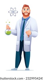 Scientist professor wearing lab coat holding test tubes. Vector cartoon character