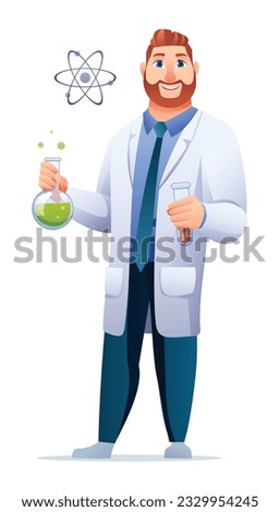 Scientist professor wearing lab coat holding test tubes. Vector cartoon character