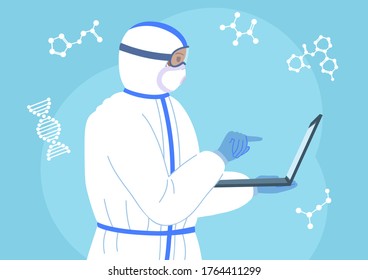 Scientist professor works on laptop in protective suit, mask. Chemical lab research flat cartoon character. Discovery vaccine coronavirus. Assistant, medical worker laboratory. Vector illustration
