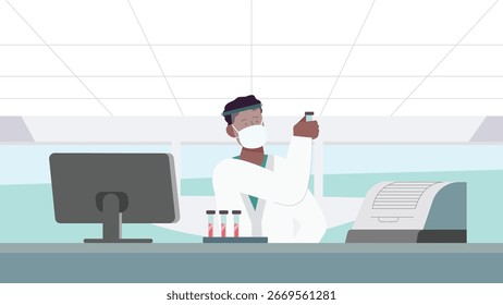 A scientist in protective gear examines a test tube in a clean lab
 environment with computer, printer, and medical equipment.