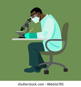 Scientist in protective glasses and mask looking through microscope.Doctor at work. African researcher in the clinical laboratory. Cartoon flat vector illustration isolated on white background.