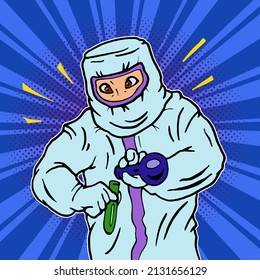 A scientist in a protective suit conducts scientific experiments. Illustration in the style of pop art. Vector illustration