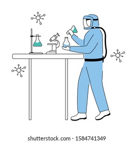 Scientist in protective suit flat contour vector illustration. Conducting dangerous experiment simple drawing. Man works with chemicals isolated cartoon outline character on white background