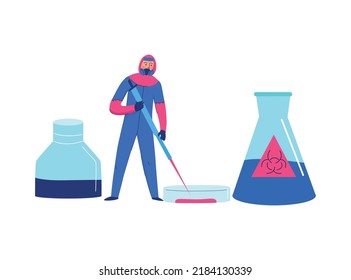 Scientist in protective suit working in biochemical science laboratory with biohazard flat vector illustration