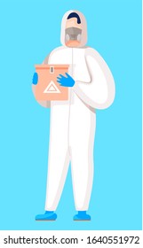 Scientist in protective uniform holding container with dangerous liquid or substance. Man with virus or infection sample in box. Isolated chemist or doctor working in laboratory, vector in flat