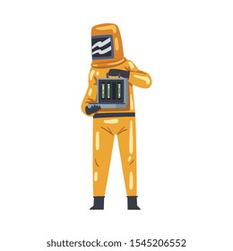 Scientist in Radiation Protective Suit and Helmet Working with Dangerous Nuclear Chemicals Vector Illustration