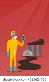 Scientist in radiation protective suit holding test-tube. Scientist in radiation protective suit standing on the background of nuclear power plant. Vector flat design illustration. Vertical layout.